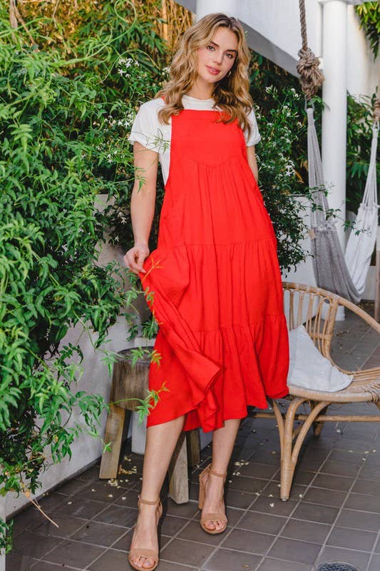 Solid Button Sling Tiered Midi Dress