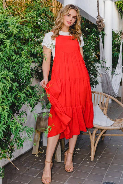 Solid Button Sling Tiered Midi Dress