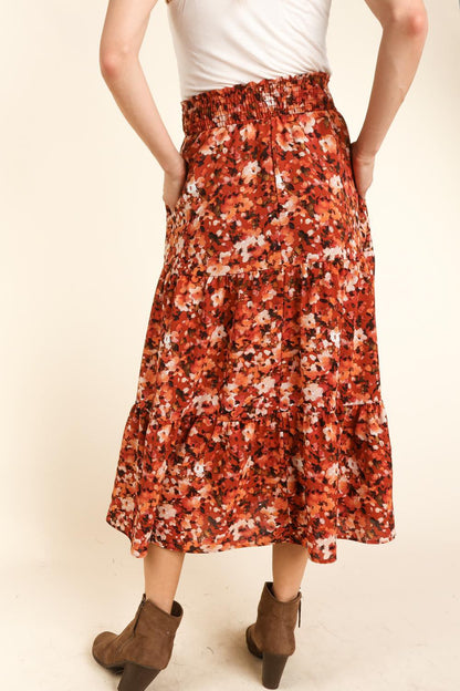 RUST FLORAL TIERED MAXI WOVEN POCKET SKIRT