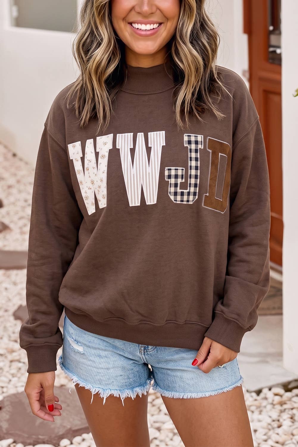 WWJD Embroidered Patch Mock Neck Sweatshirt