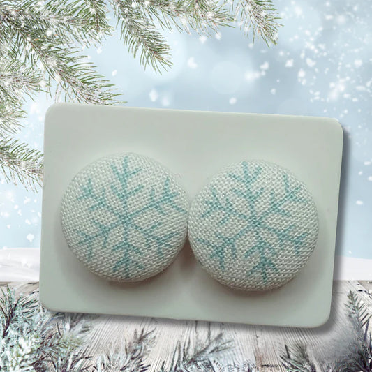 Blue Snowflake Fabric Button Earring