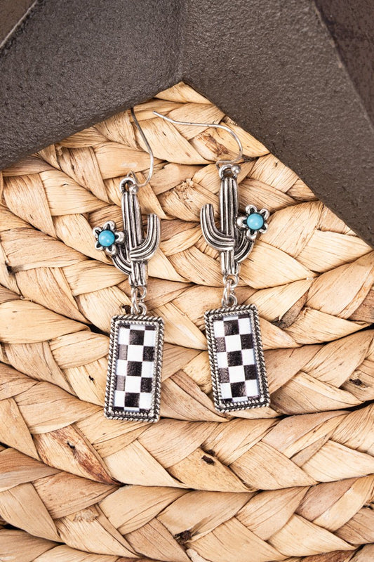 Black and White Checkerboard Cactus Earrings