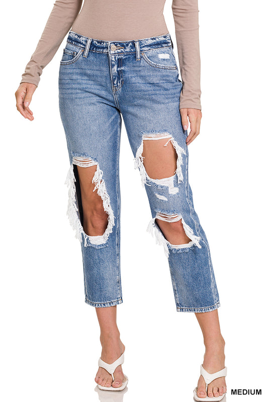 HIGH RISE HEAVY DISTRESSSED BOYFRIEND DENIM PANTS