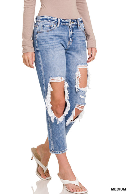 HIGH RISE HEAVY DISTRESSSED BOYFRIEND DENIM PANTS