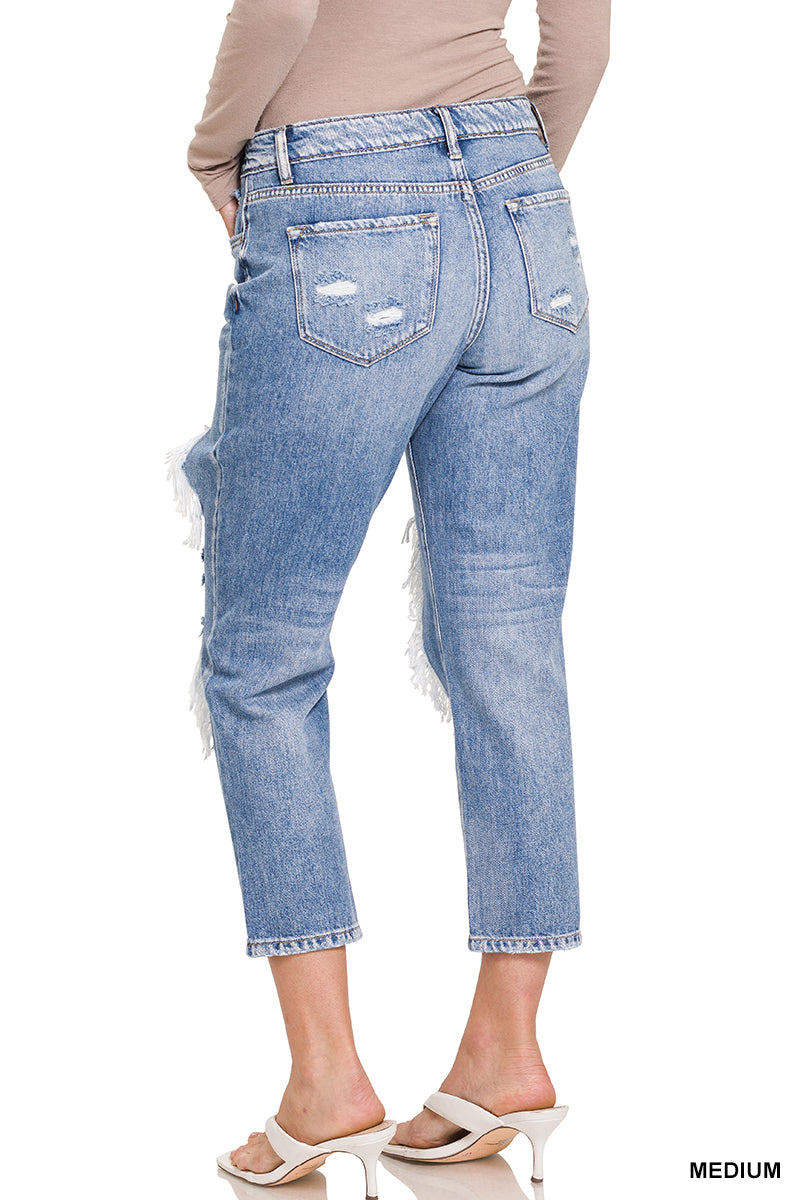 HIGH RISE HEAVY DISTRESSSED BOYFRIEND DENIM PANTS