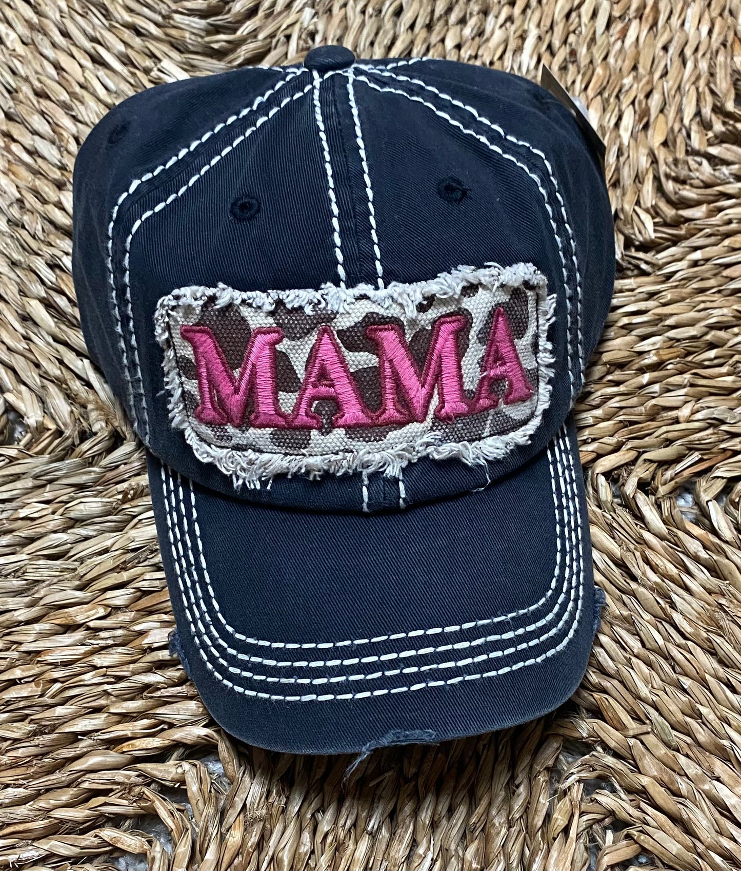 Distressed Black 'Mama' Cow Cap