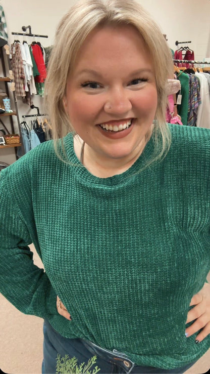 CHENILLE WAFFLE ROUND NECK SWEATER