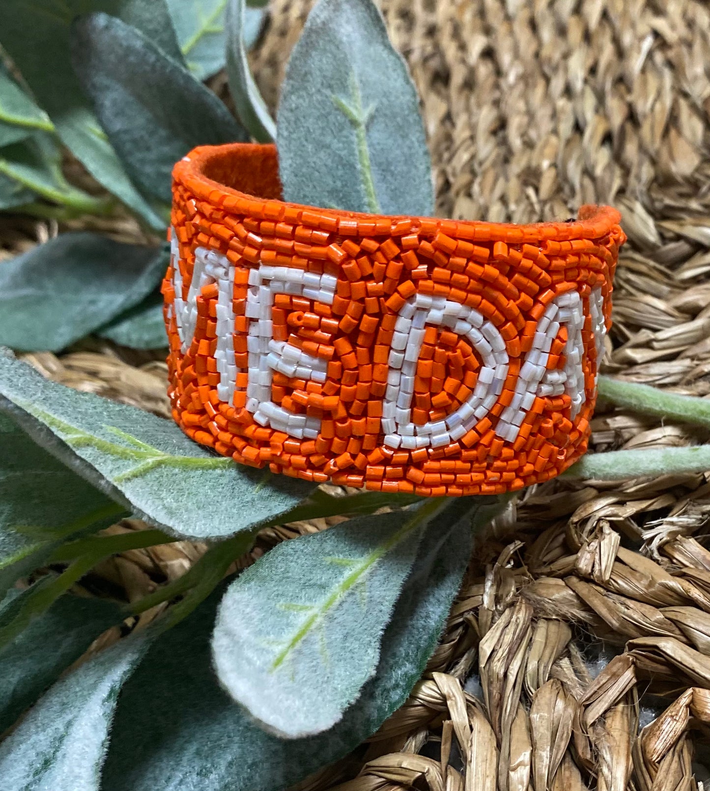 Orange and White 'Game Day' Seed Bead Cuff Bracelet