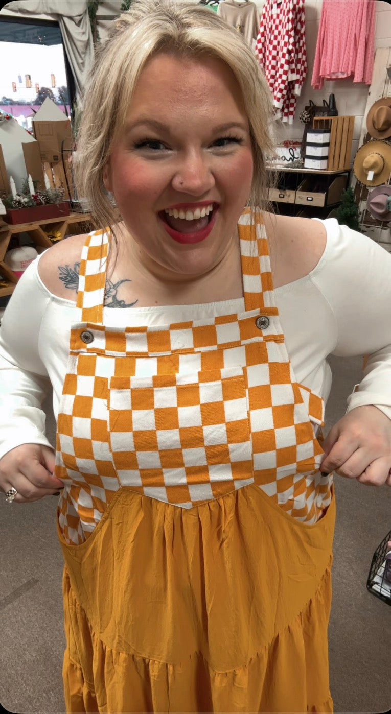 Checkerboard Tiered Overall Dress