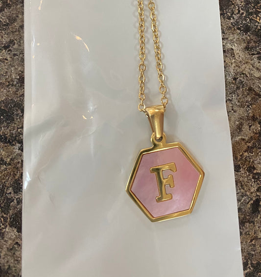 Pink Goldtone Hexagon Initial Necklace