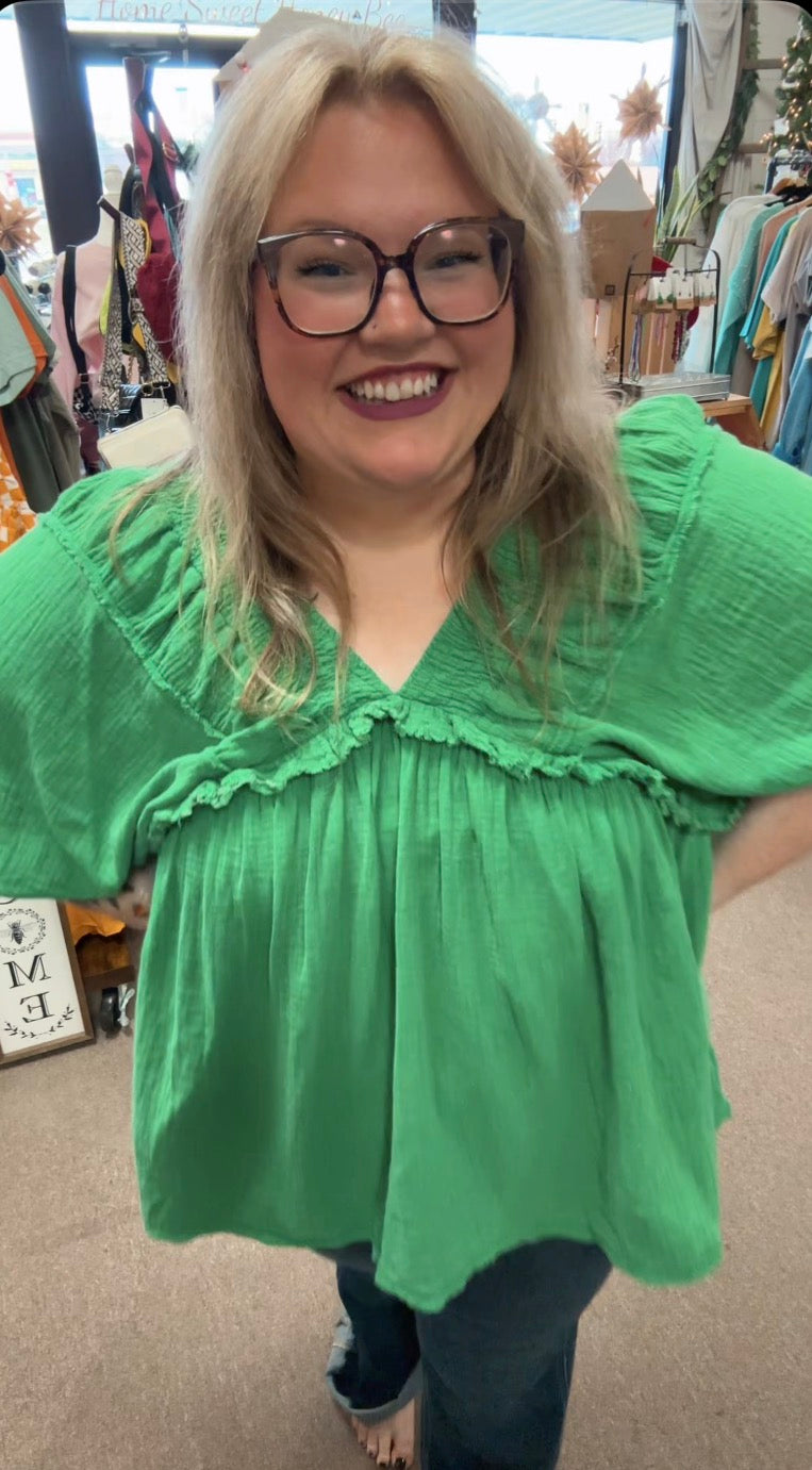 Green Gauze Vneck Top