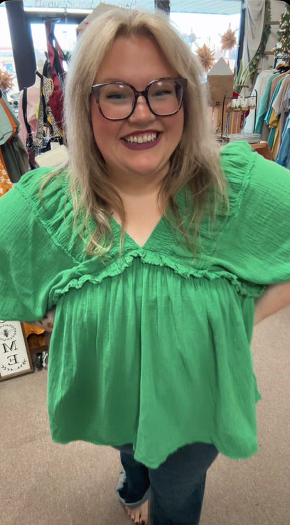 Green Gauze Vneck Top