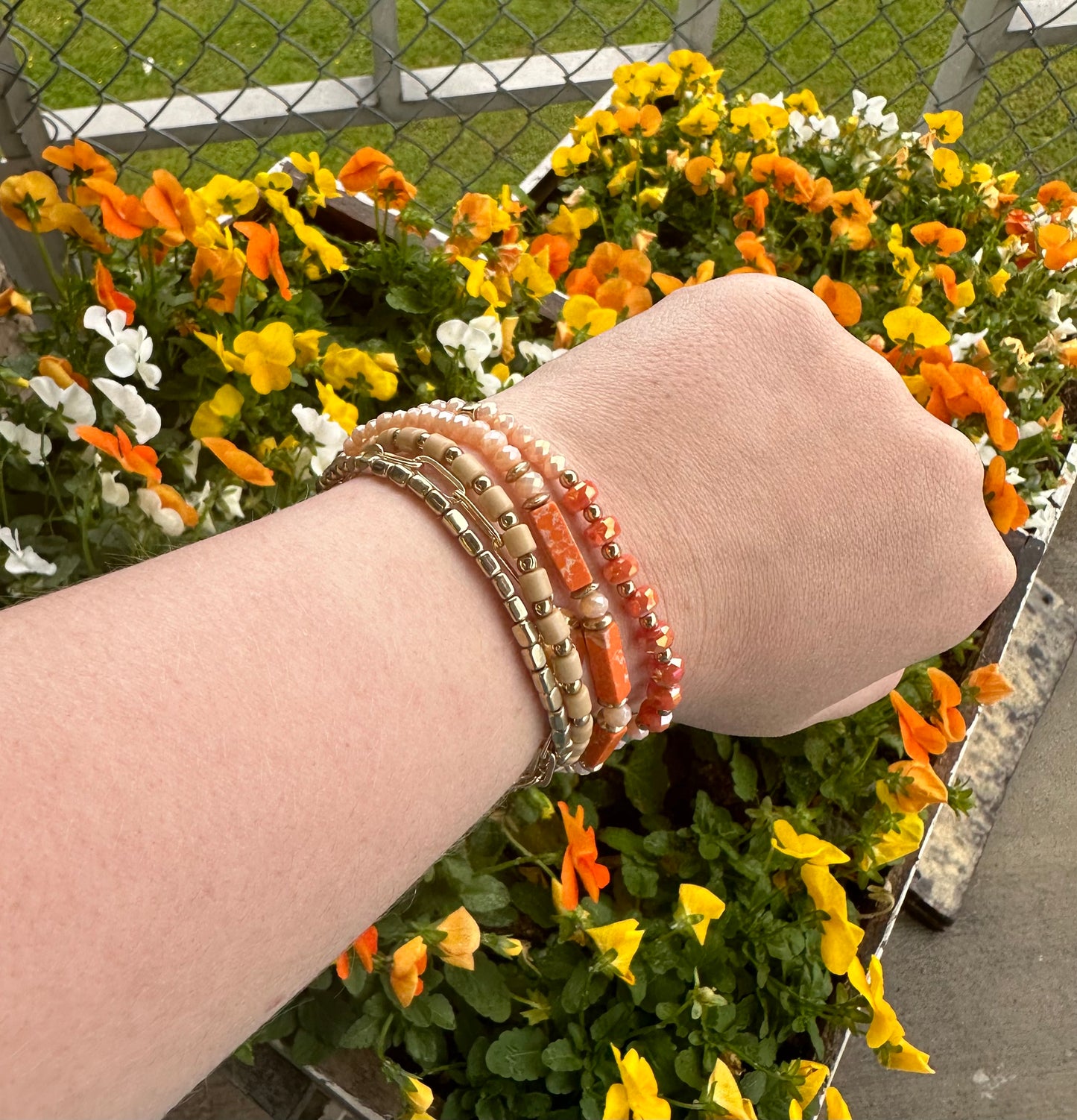 Orange Marbled Block Beaded Bracelet