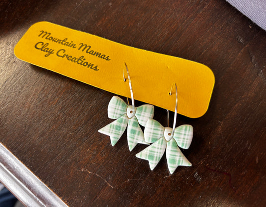 Plaid Bows on Hoops Clay Earrings