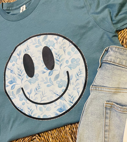 Blue Floral Happy Face Tee