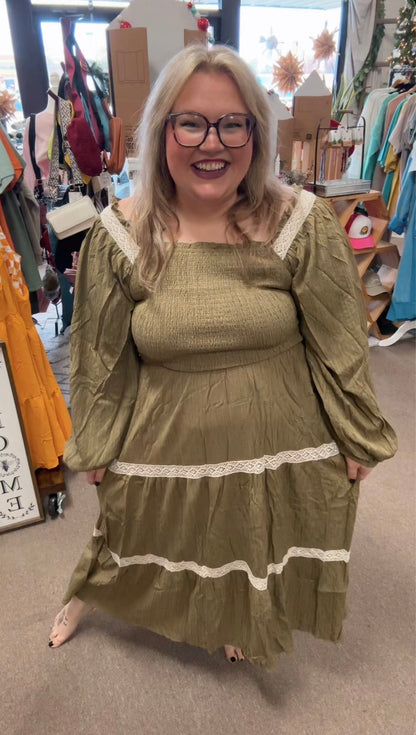 Plus Long-sleeve Smocked Dress