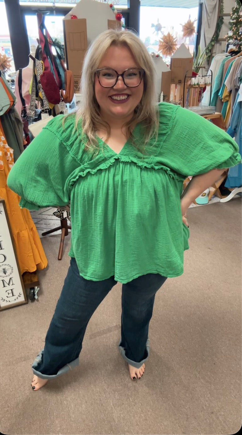Green Gauze Vneck Top
