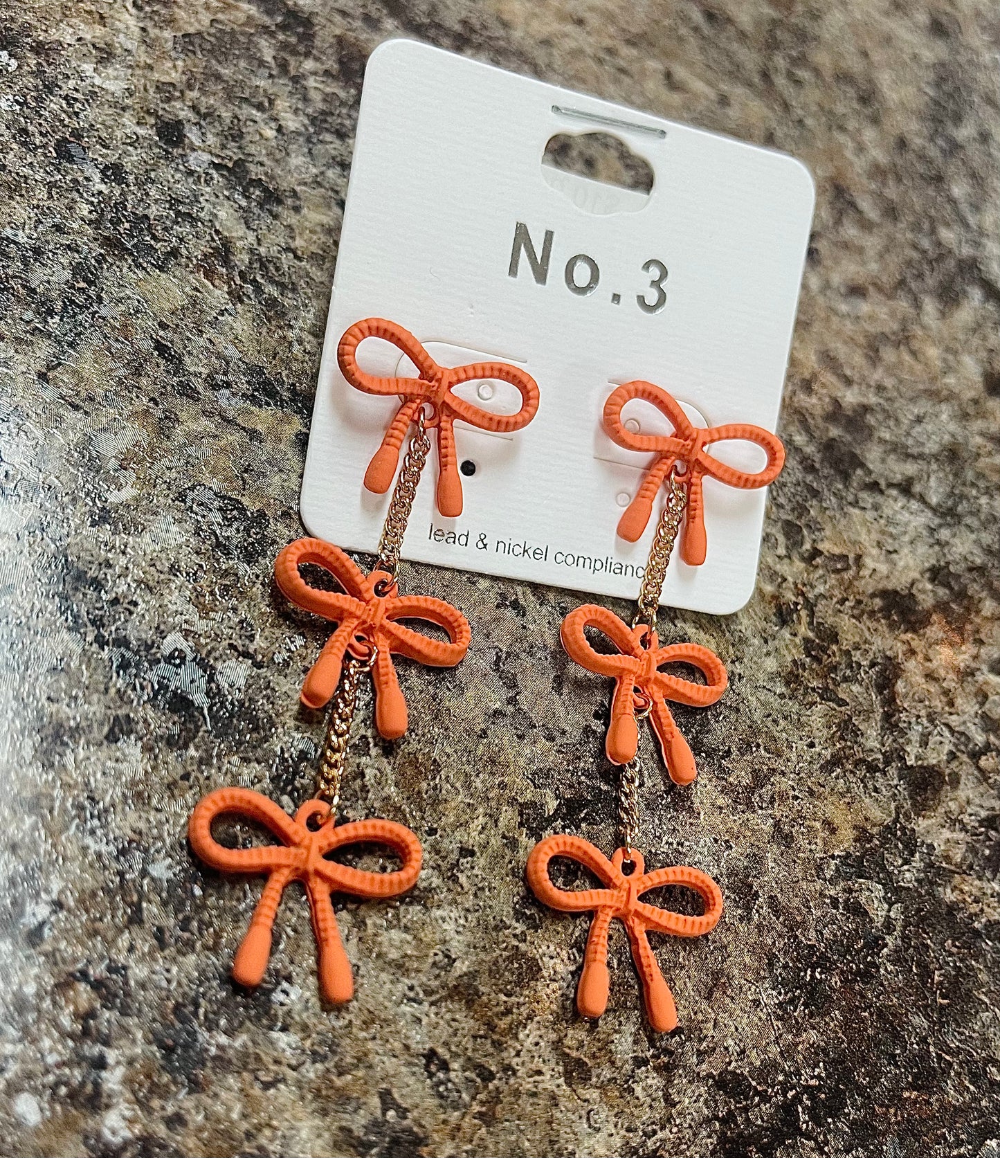 Orange/Gold Tone Tripple Bow Dangle Earrings