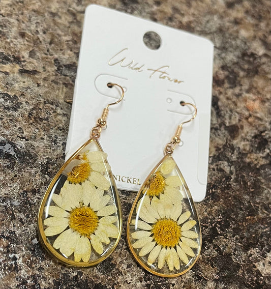 Pressed Daisy Resin Dangle Earrings