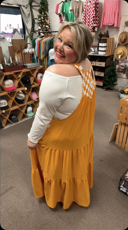 Checkerboard Tiered Overall Dress