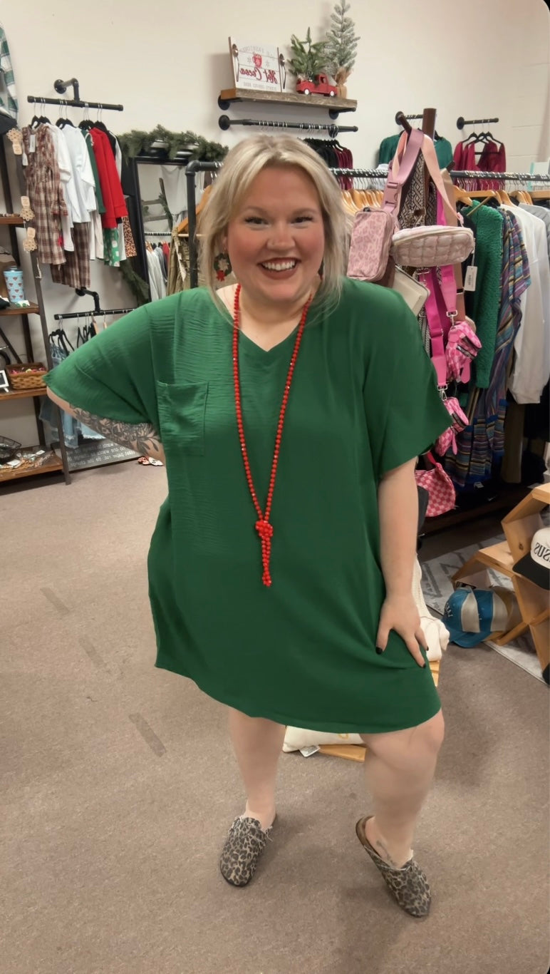 WOVEN AIRFLOW V NECK T SHIRT DRESS WITH POCKETS