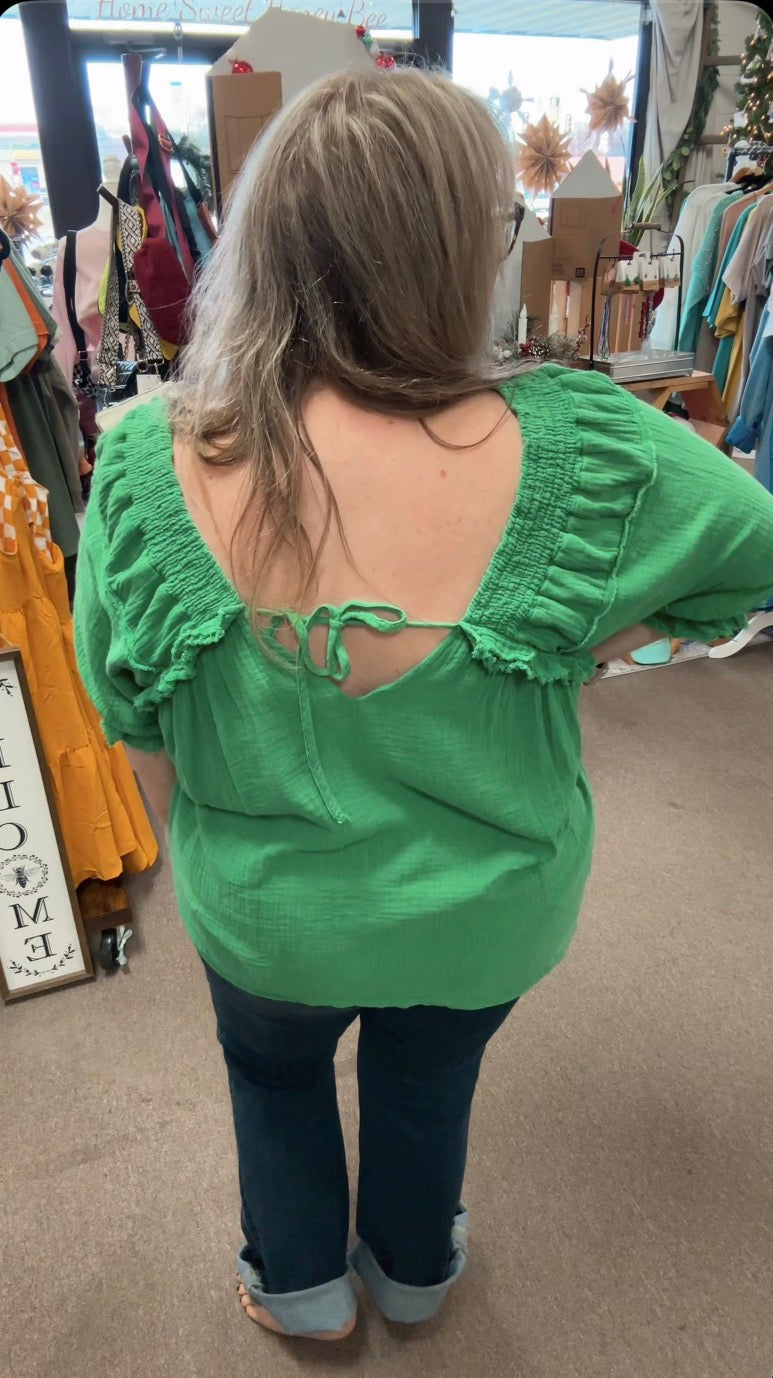 Green Gauze Vneck Top