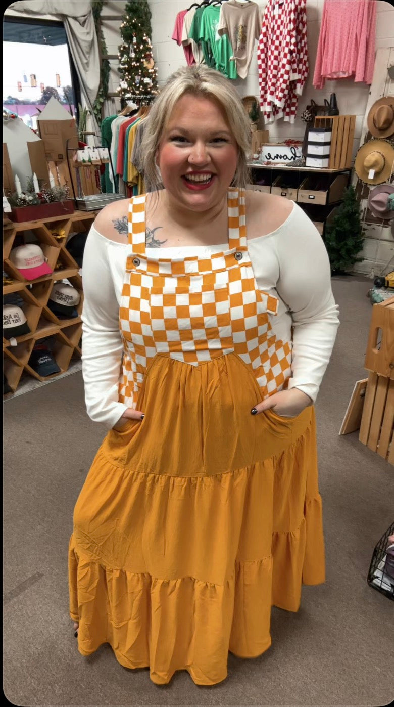 Checkerboard Tiered Overall Dress