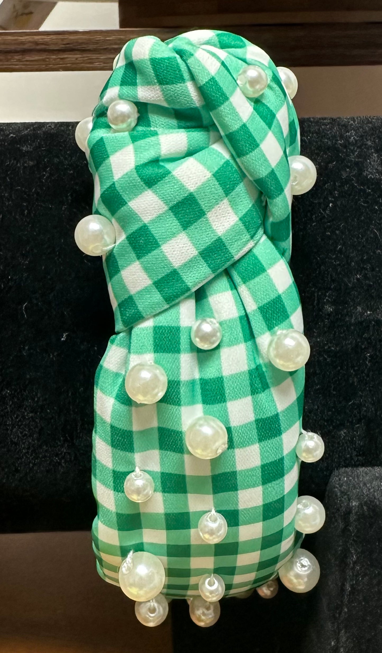 Green and White Checkered Headband with pearls