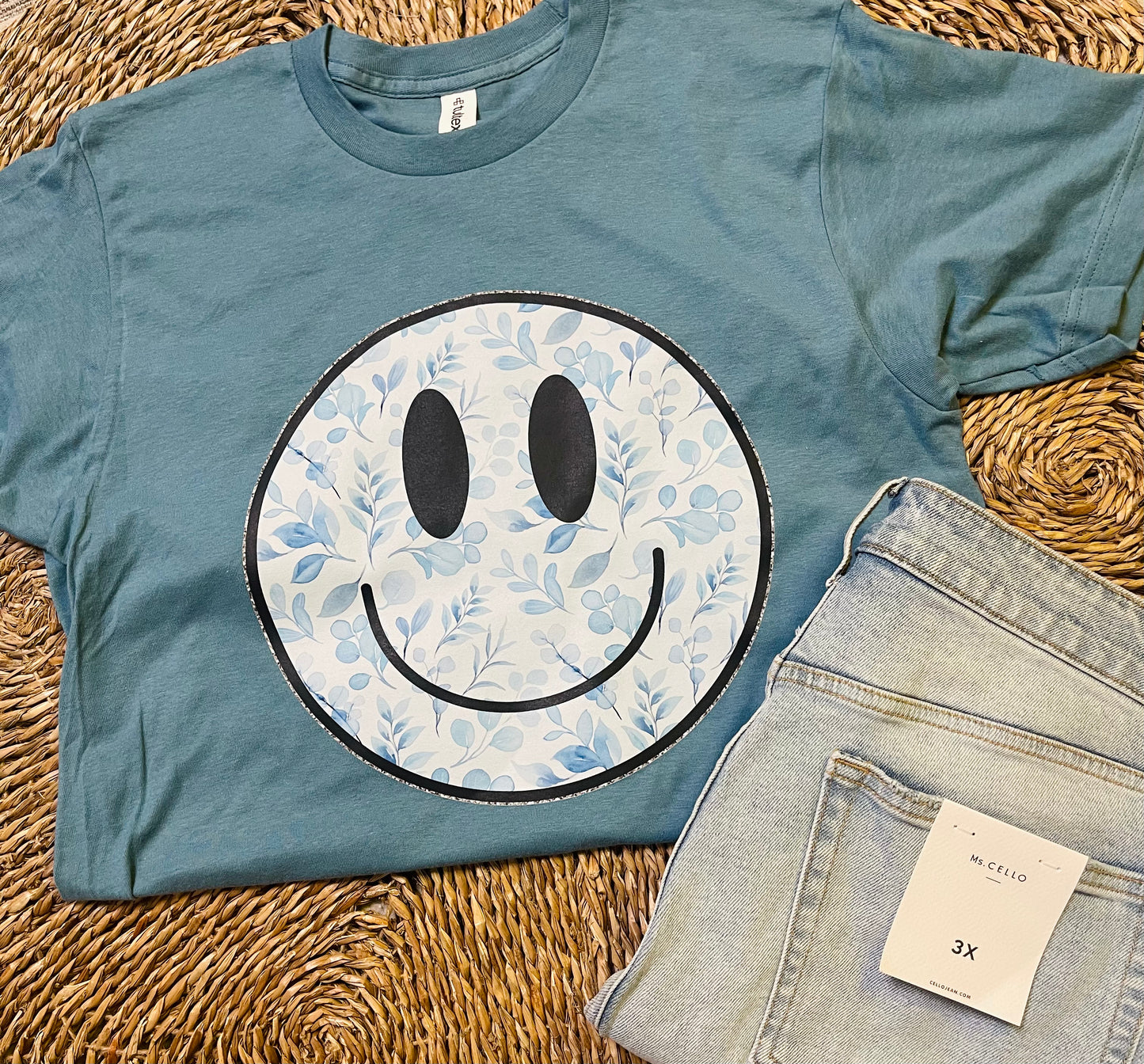 Blue Floral Happy Face Tee