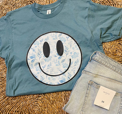 Blue Floral Happy Face Tee