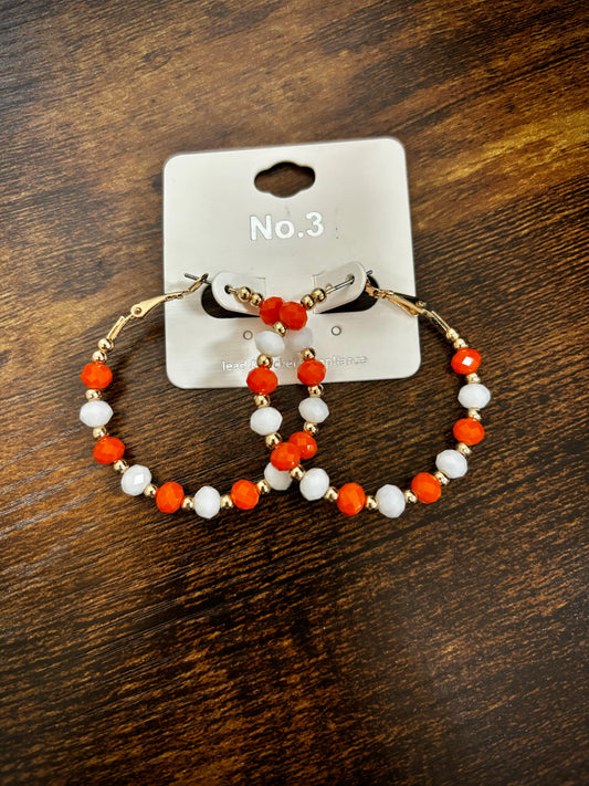 Beaded Orange and White Hoop Earrings