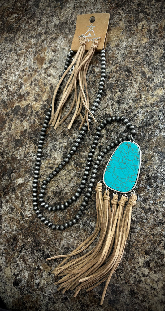 Turquoise Leather Fringe Necklace and Earrings