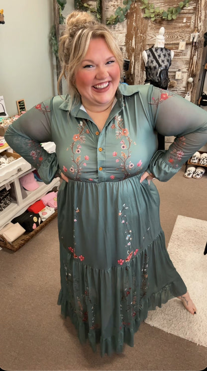 Boho Green Floral Dress