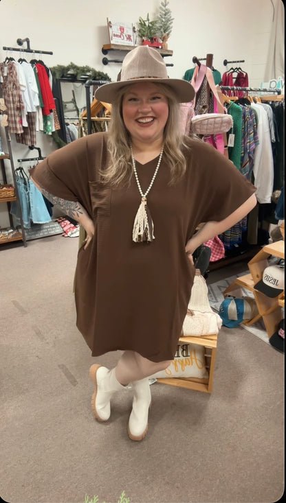 WOVEN AIRFLOW V NECK T SHIRT DRESS WITH POCKETS