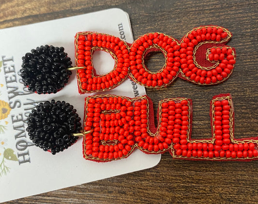 Black And Red Bull Dog Seed Bead Earrings