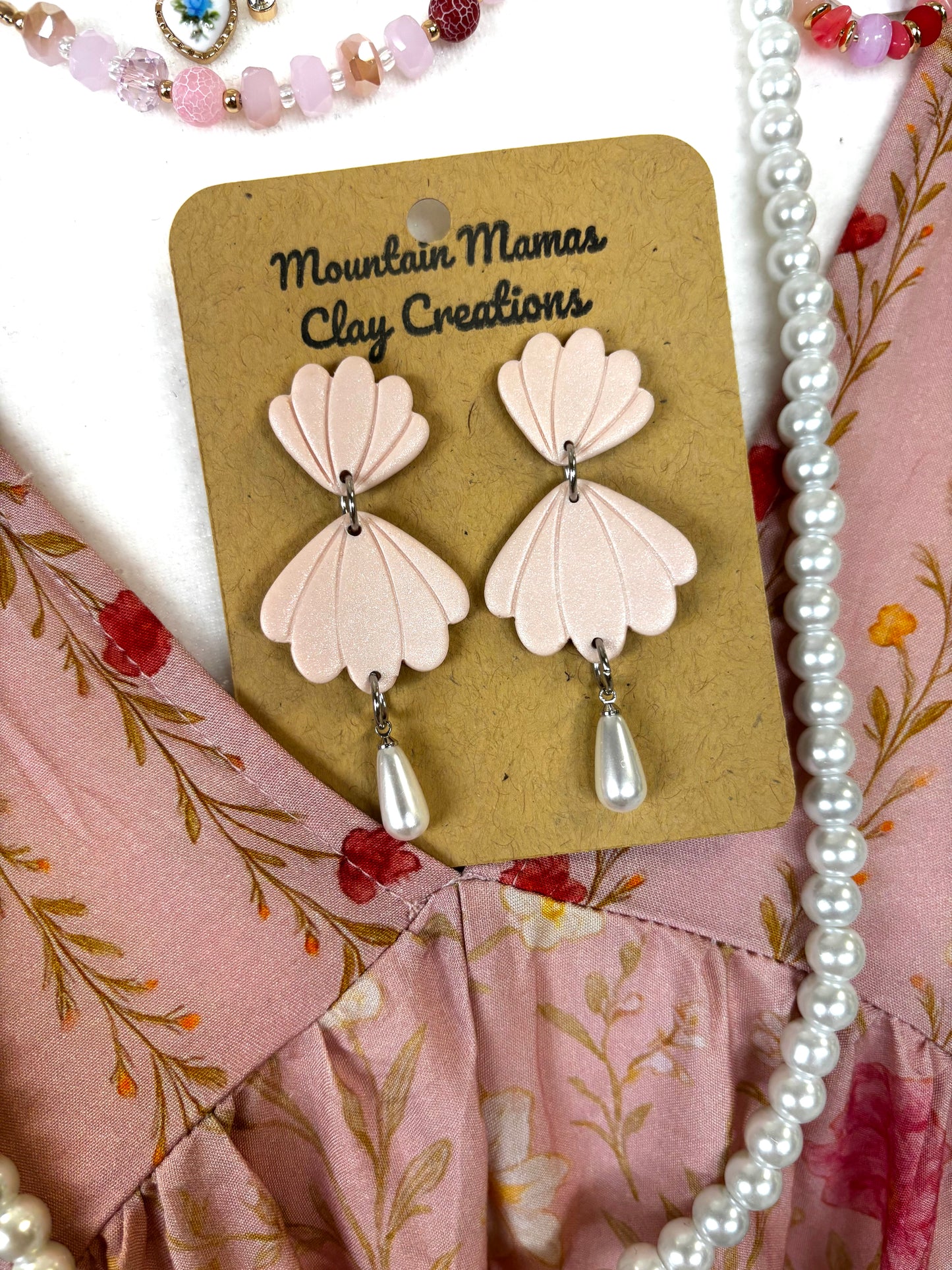 Pink Shell Pearl Dangle Clay Earrings