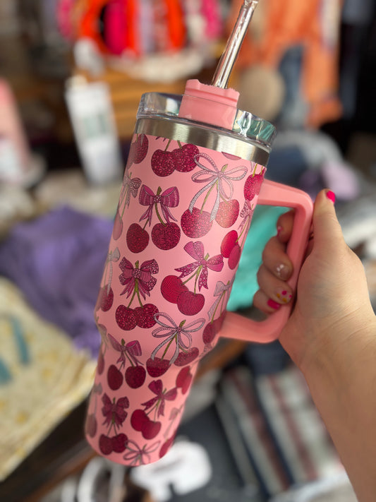 Cherry and Bow Tumbler with Straw