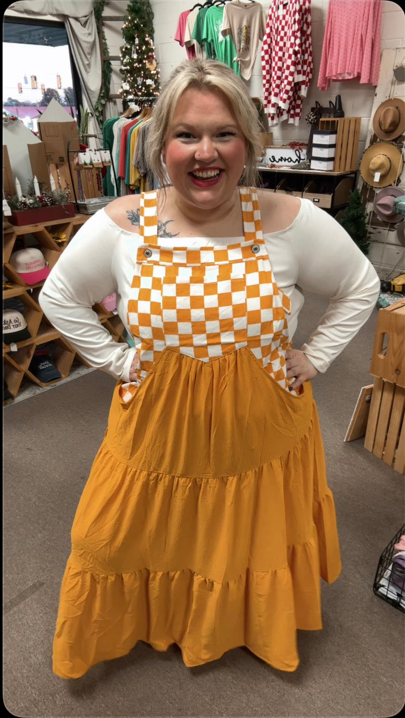 Checkerboard Tiered Overall Dress