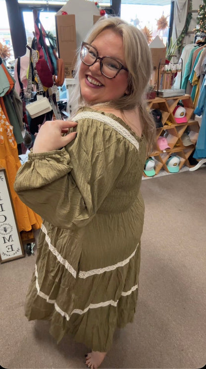 Plus Long-sleeve Smocked Dress