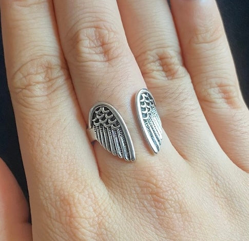 Antique Silver Angel Wings Adjustable Cuff Ring