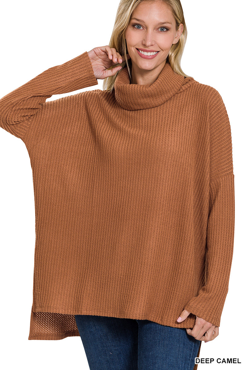 BRUSHED THERMAL WAFFLE COWL NECK HI-LOW SWEATER