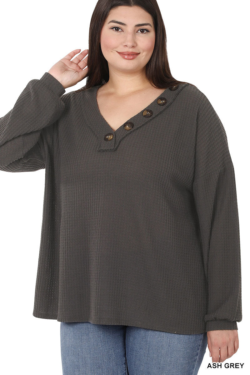 BRUSHED WAFFLE V-NECK BUTTON DETAIL SWEATER