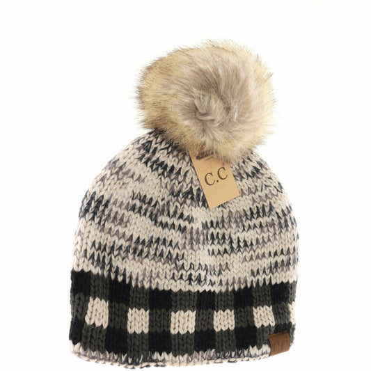 Buffalo Check Mixed Print Fur Pom C.C Beanie