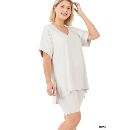 BRUSHED DTY MICROFIBER V-NECK TOP WITH SHORTS