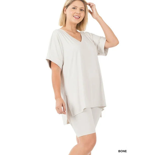 BRUSHED DTY MICROFIBER V-NECK TOP WITH SHORTS