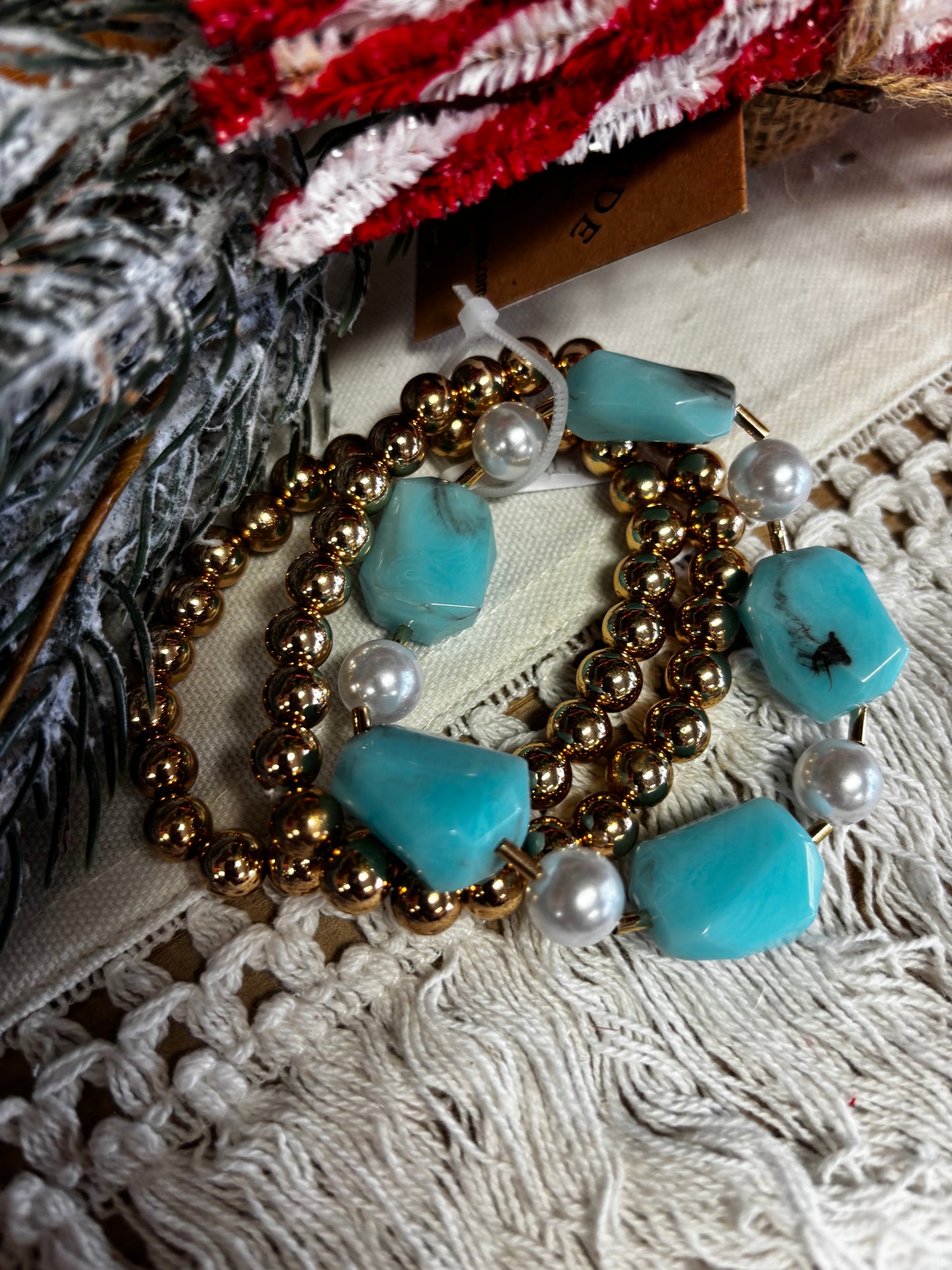 Beaded Faux Stone & Pearl Stretch Bracelet Set