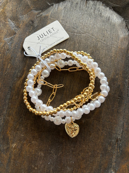 Gold and Pearl Bracelet Stack with Charm