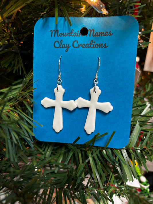 Clay White Cross Dangle Earrings