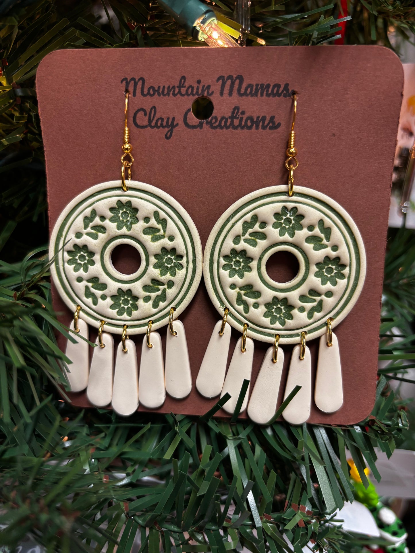 Clay Antique Floral Round Tassel Earrings