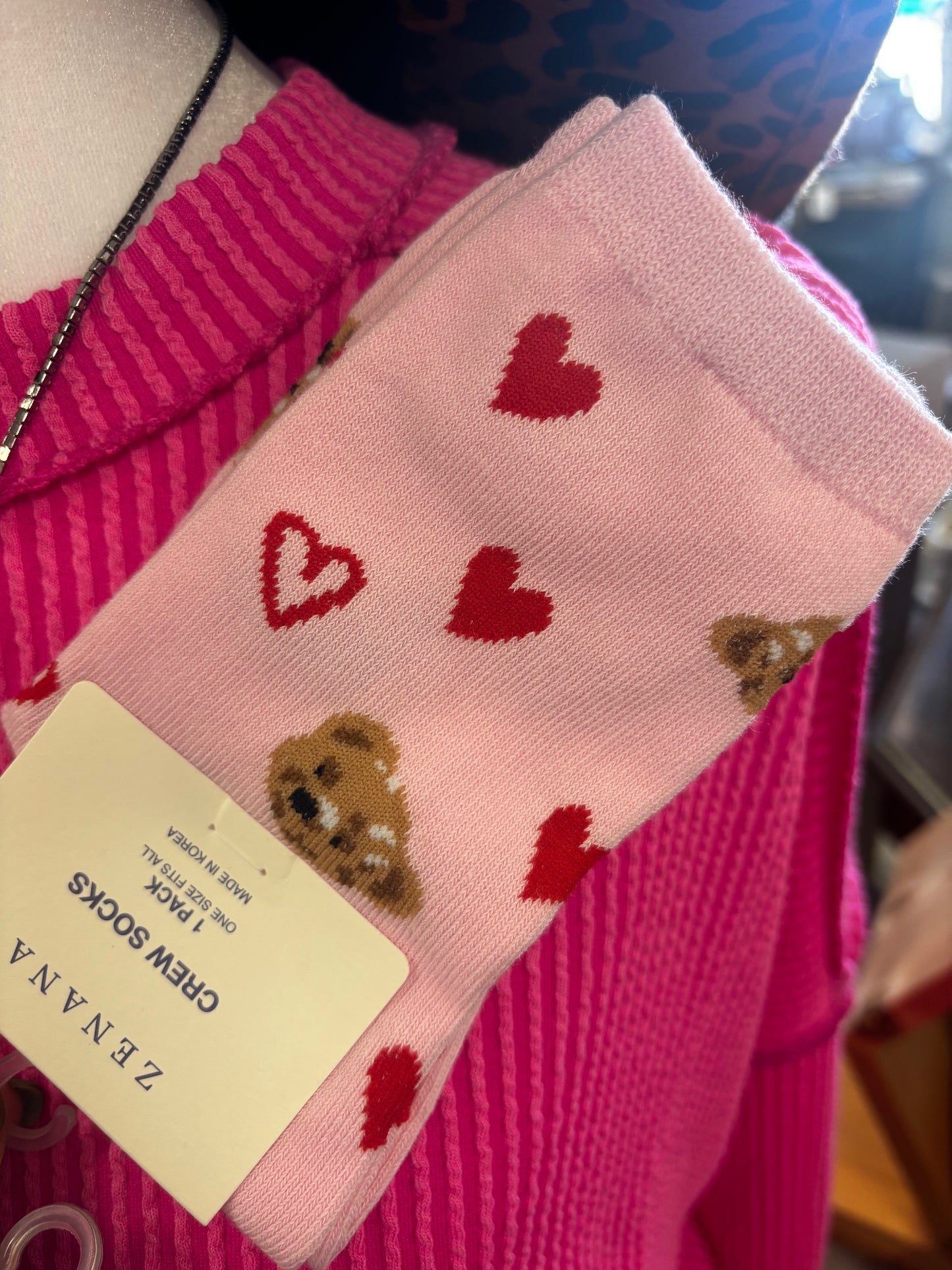 Pink Bear + Heart crew socks